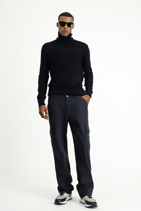 Dark Navy Turtleneck Regular Fit Patterned Cotton Knit Sweater