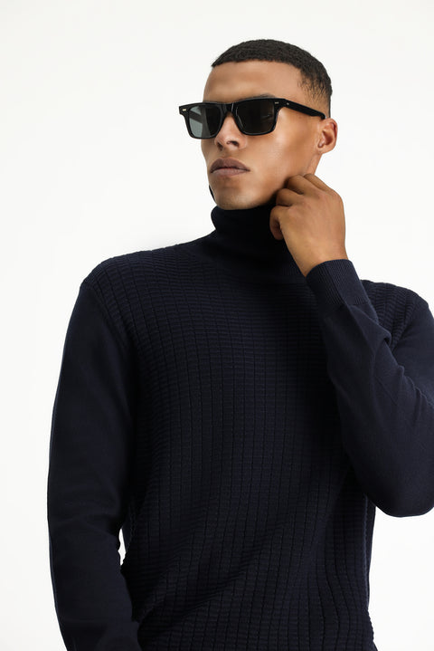 Dark Navy Turtleneck Regular Fit Patterned Cotton Knit Sweater