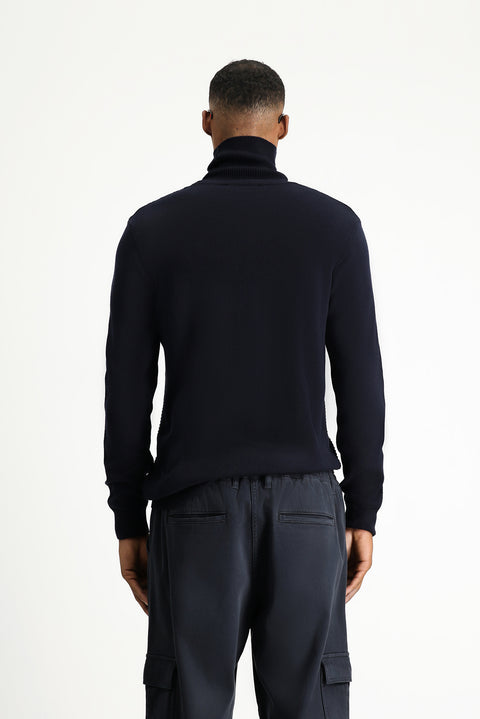 Dark Navy Turtleneck Regular Fit Patterned Cotton Knit Sweater