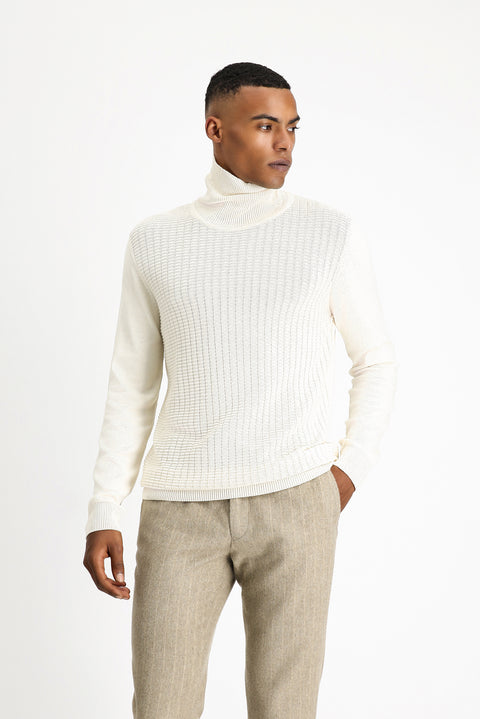 Off-white Turtleneck Regular Fit Patterned Cotton Knit Sweater