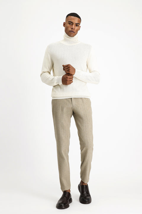 Off-white Turtleneck Regular Fit Patterned Cotton Knit Sweater
