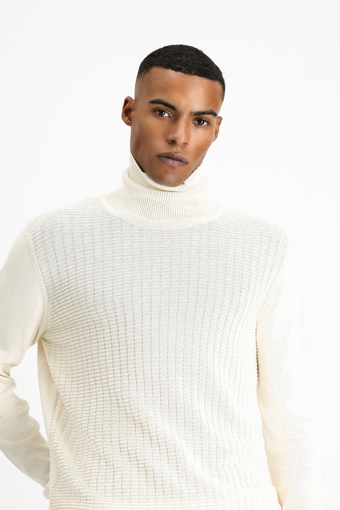 Off-white Turtleneck Regular Fit Patterned Cotton Knit Sweater