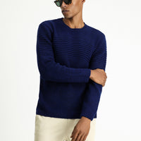 Light Navy Crew Neck Regular Fit Striped Knit Sweater