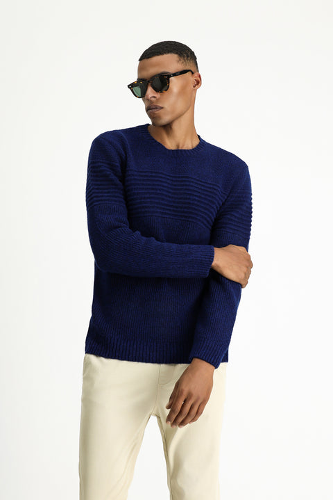 Light Navy Crew Neck Regular Fit Striped Knit Sweater