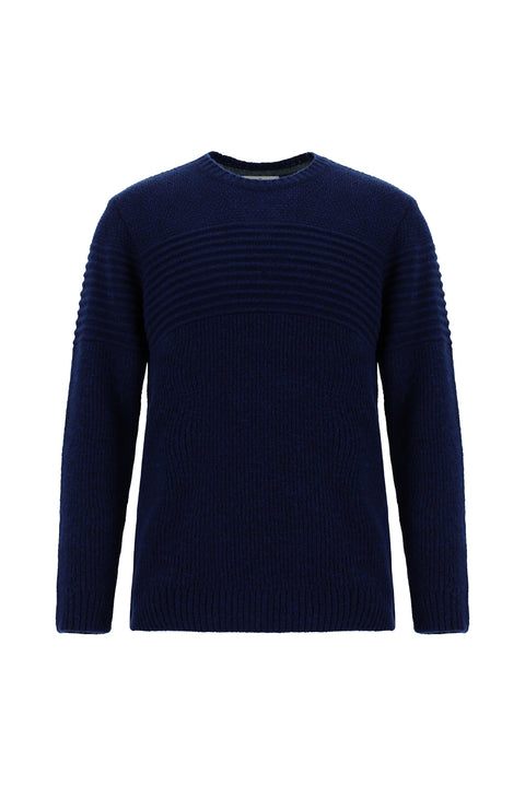 Light Navy Crew Neck Regular Fit Striped Knit Sweater