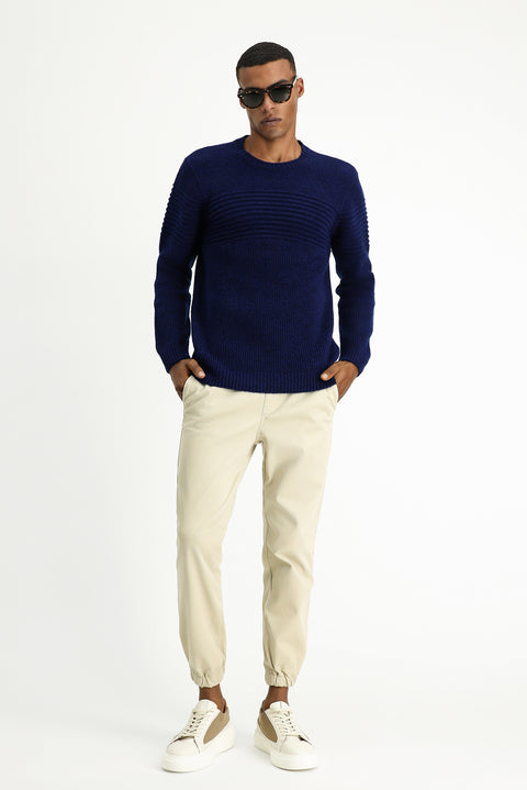 Light Navy Crew Neck Regular Fit Striped Knit Sweater