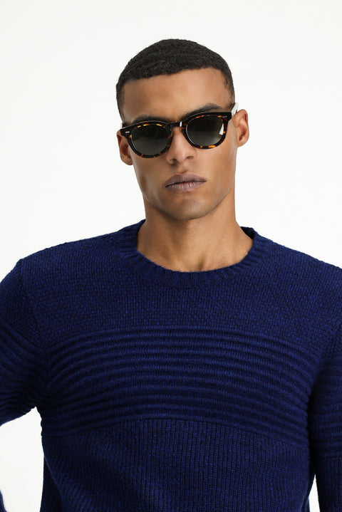 Light Navy Crew Neck Regular Fit Striped Knit Sweater