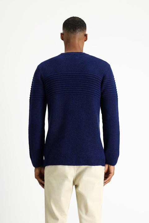 Light Navy Crew Neck Regular Fit Striped Knit Sweater