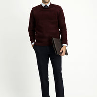 Plum-colored Crew Neck Regular Fit Striped Knit Sweater
