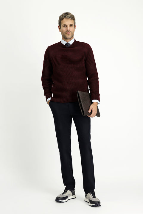 Plum-colored Crew Neck Regular Fit Striped Knit Sweater