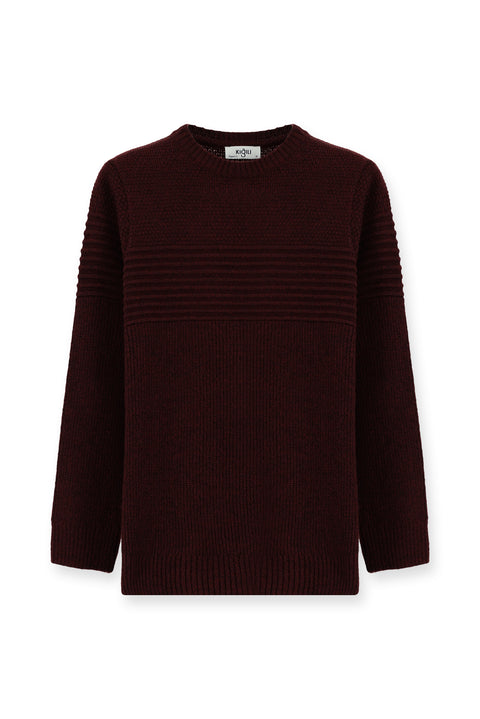 Plum-colored Crew Neck Regular Fit Striped Knit Sweater