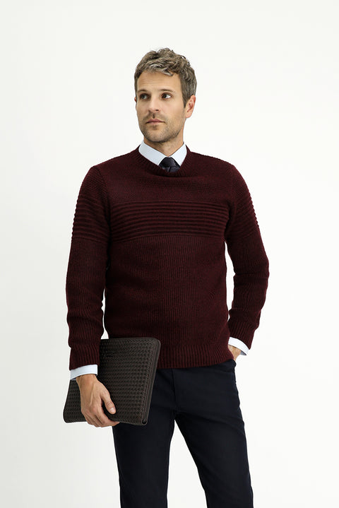 Plum-colored Crew Neck Regular Fit Striped Knit Sweater