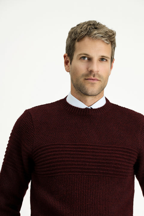 Plum-colored Crew Neck Regular Fit Striped Knit Sweater