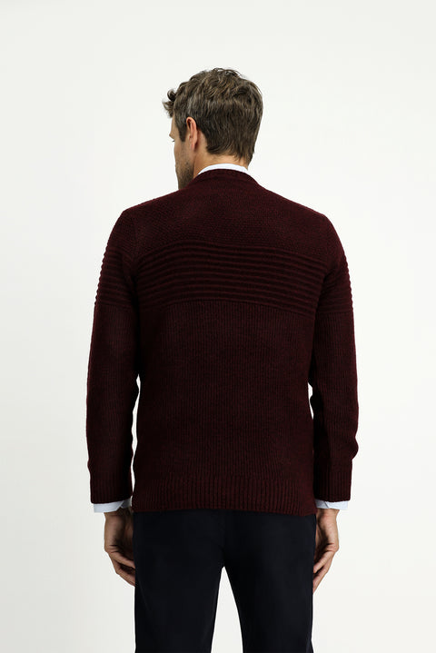 Plum-colored Crew Neck Regular Fit Striped Knit Sweater