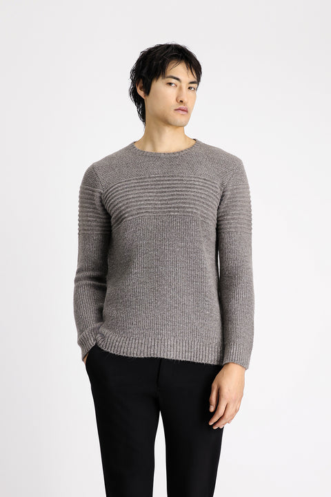 Medium Mink Crew Neck Regular Fit Striped Knit Sweater