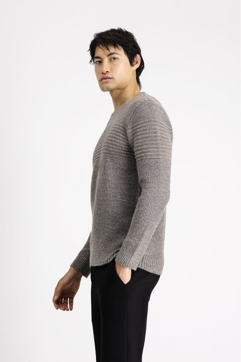 Medium Mink Crew Neck Regular Fit Striped Knit Sweater