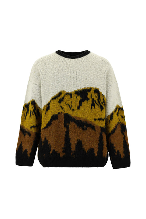 Mustard Yellow Crew Neck Oversize Patterned Knit Sweater