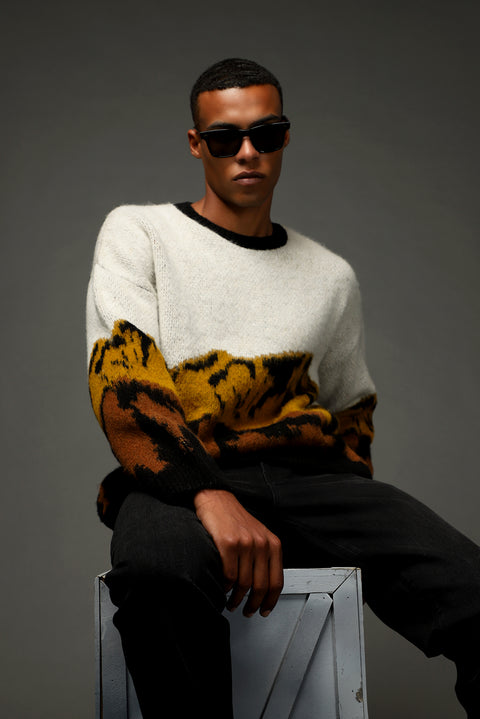 Mustard Yellow Crew Neck Oversize Patterned Knit Sweater