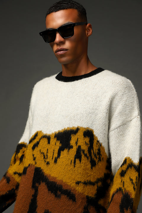 Mustard Yellow Crew Neck Oversize Patterned Knit Sweater