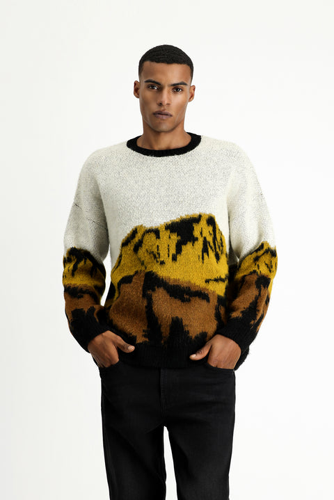 Mustard Yellow Crew Neck Oversize Patterned Knit Sweater