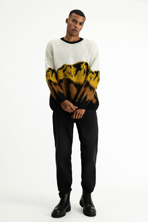 Mustard Yellow Crew Neck Oversize Patterned Knit Sweater