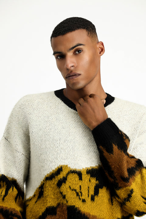 Mustard Yellow Crew Neck Oversize Patterned Knit Sweater