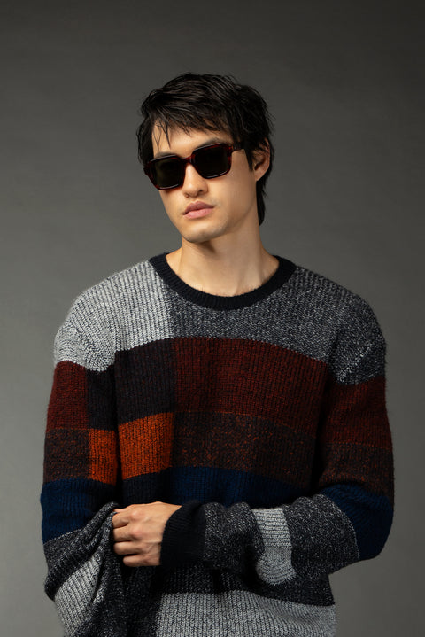 Tile-colored Crew Neck Regular Fit Patterned Knit Sweater