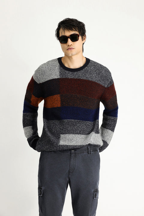 Tile-colored Crew Neck Regular Fit Patterned Knit Sweater