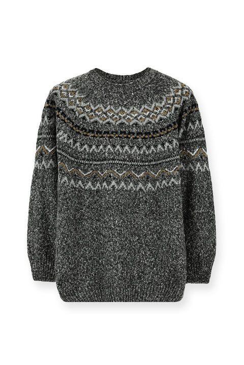Medium Grey Melange Crew Neck Regular Fit Patterned Cotton Knit Sweater