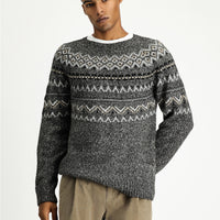 Medium Grey Melange Crew Neck Regular Fit Patterned Cotton Knit Sweater