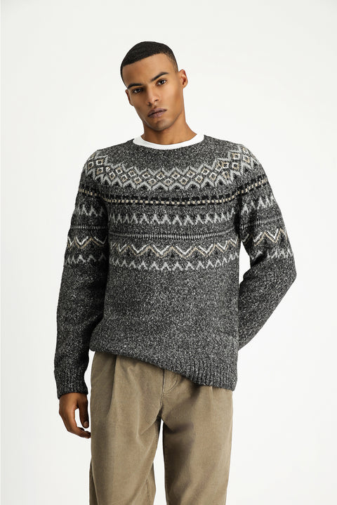 Medium Grey Melange Crew Neck Regular Fit Patterned Cotton Knit Sweater