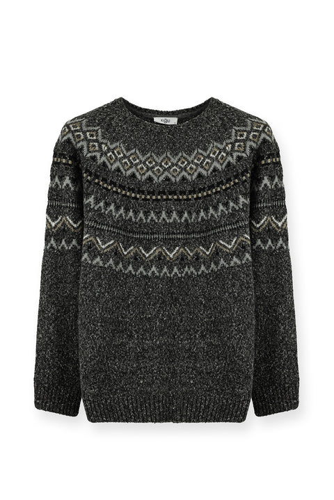 Medium Grey Melange Crew Neck Regular Fit Patterned Cotton Knit Sweater
