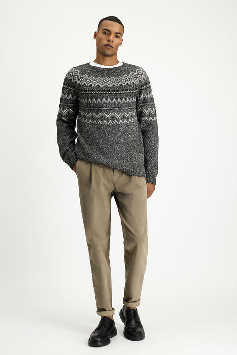 Medium Grey Melange Crew Neck Regular Fit Patterned Cotton Knit Sweater