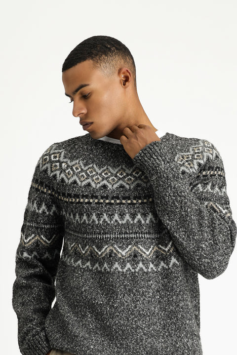 Medium Grey Melange Crew Neck Regular Fit Patterned Cotton Knit Sweater