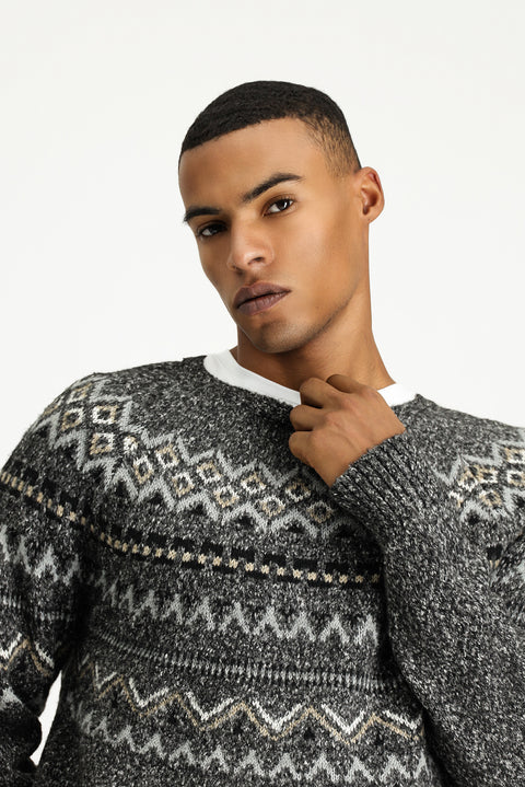 Medium Grey Melange Crew Neck Regular Fit Patterned Cotton Knit Sweater