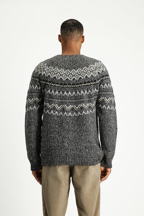 Medium Grey Melange Crew Neck Regular Fit Patterned Cotton Knit Sweater