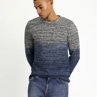 Indigo Crew Neck Slim Fit Narrow Cut Patterned Cotton Knit Sweater