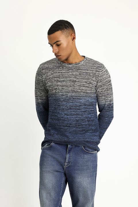 Indigo Crew Neck Slim Fit Narrow Cut Patterned Cotton Knit Sweater