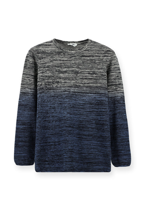 Indigo Crew Neck Slim Fit Narrow Cut Patterned Cotton Knit Sweater