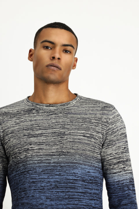 Indigo Crew Neck Slim Fit Narrow Cut Patterned Cotton Knit Sweater