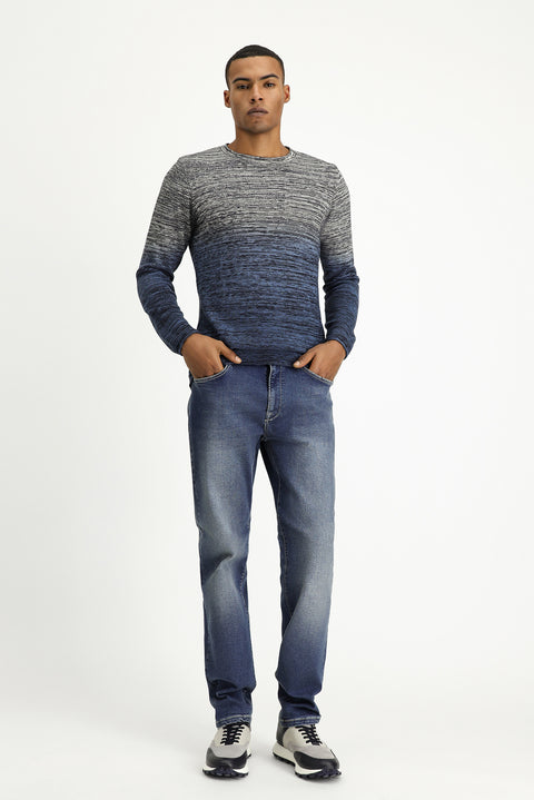 Indigo Crew Neck Slim Fit Narrow Cut Patterned Cotton Knit Sweater
