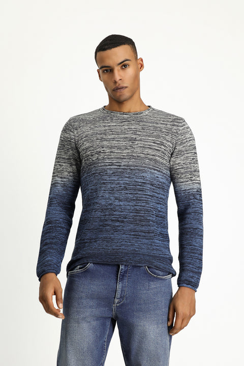 Indigo Crew Neck Slim Fit Narrow Cut Patterned Cotton Knit Sweater