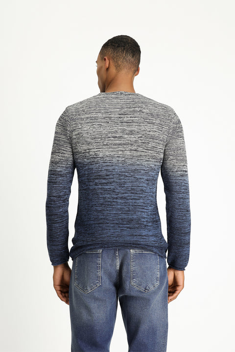 Indigo Crew Neck Slim Fit Narrow Cut Patterned Cotton Knit Sweater