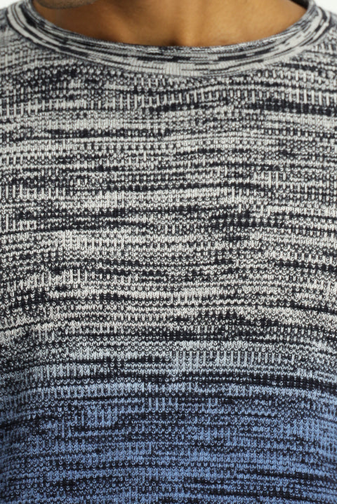 Indigo Crew Neck Slim Fit Narrow Cut Patterned Cotton Knit Sweater