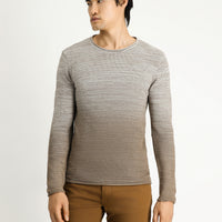 Light Beige Crew Neck Slim Fit Narrow Cut Patterned Cotton Knit Sweater