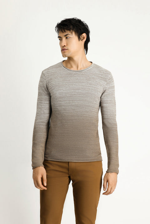 Light Beige Crew Neck Slim Fit Narrow Cut Patterned Cotton Knit Sweater