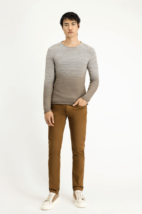 Light Beige Crew Neck Slim Fit Narrow Cut Patterned Cotton Knit Sweater