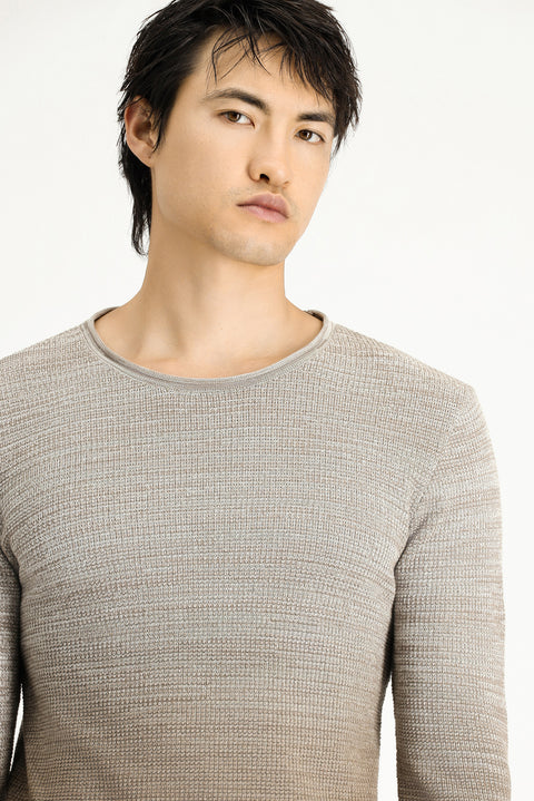 Light Beige Crew Neck Slim Fit Narrow Cut Patterned Cotton Knit Sweater