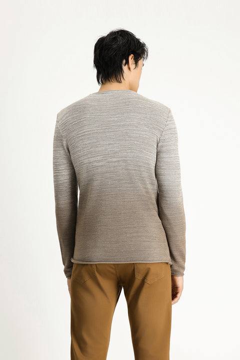Light Beige Crew Neck Slim Fit Narrow Cut Patterned Cotton Knit Sweater