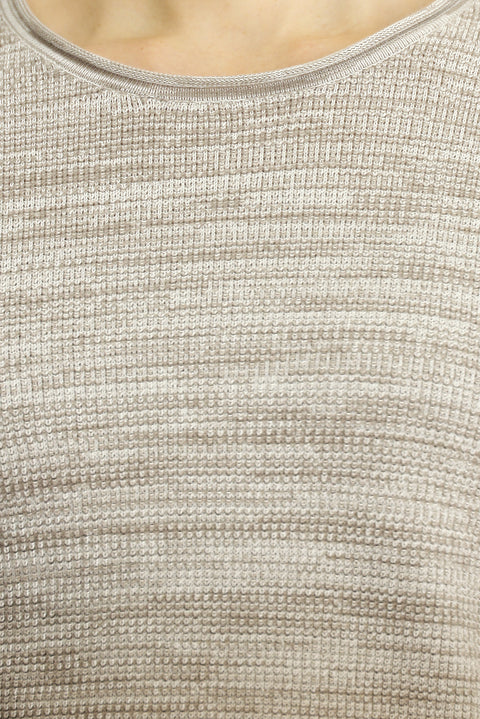 Light Beige Crew Neck Slim Fit Narrow Cut Patterned Cotton Knit Sweater